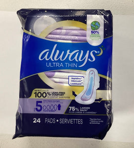 Always Ultra Thin Overnight Pads with Wings, 24 ct