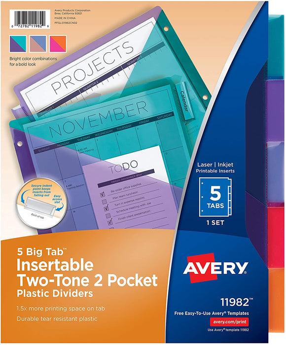 Avery 5 Big Tab Insertable 2 Pocket Plastic Dividers